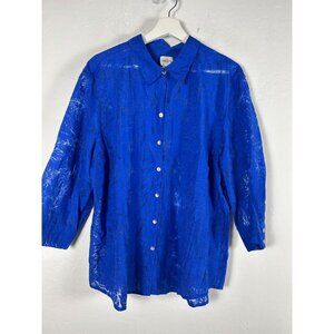 Chico's Women Blue Textured Floral Button-Up Shirt 3/4 Sleeve Casual Lightweight
